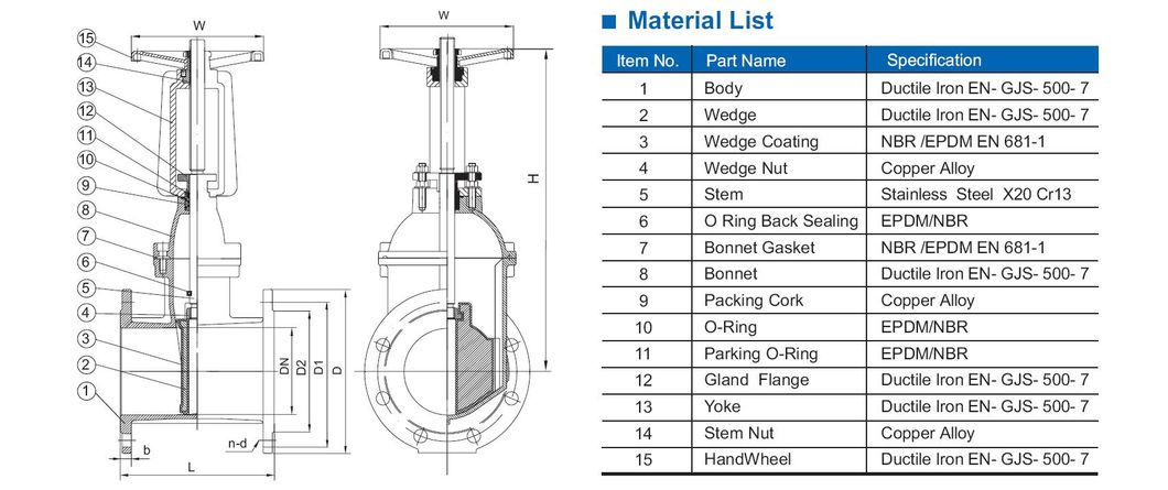 Ductile Iron Flanged Rubber Resilient Rising Stem Gate Valve