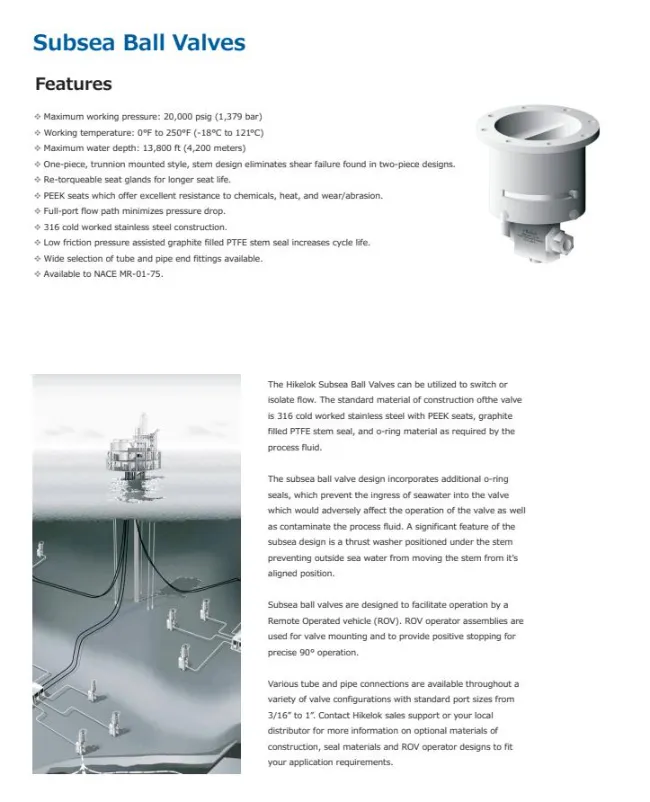 Hikelok Stainless Steel 20000 Psi Subsea Ball Valve Sbv