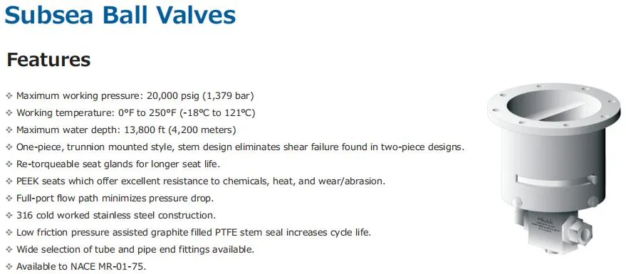 Hikelok Ultra-High Pressure 20000 Psig Stainless Steel Marine Subsea Ball Valve