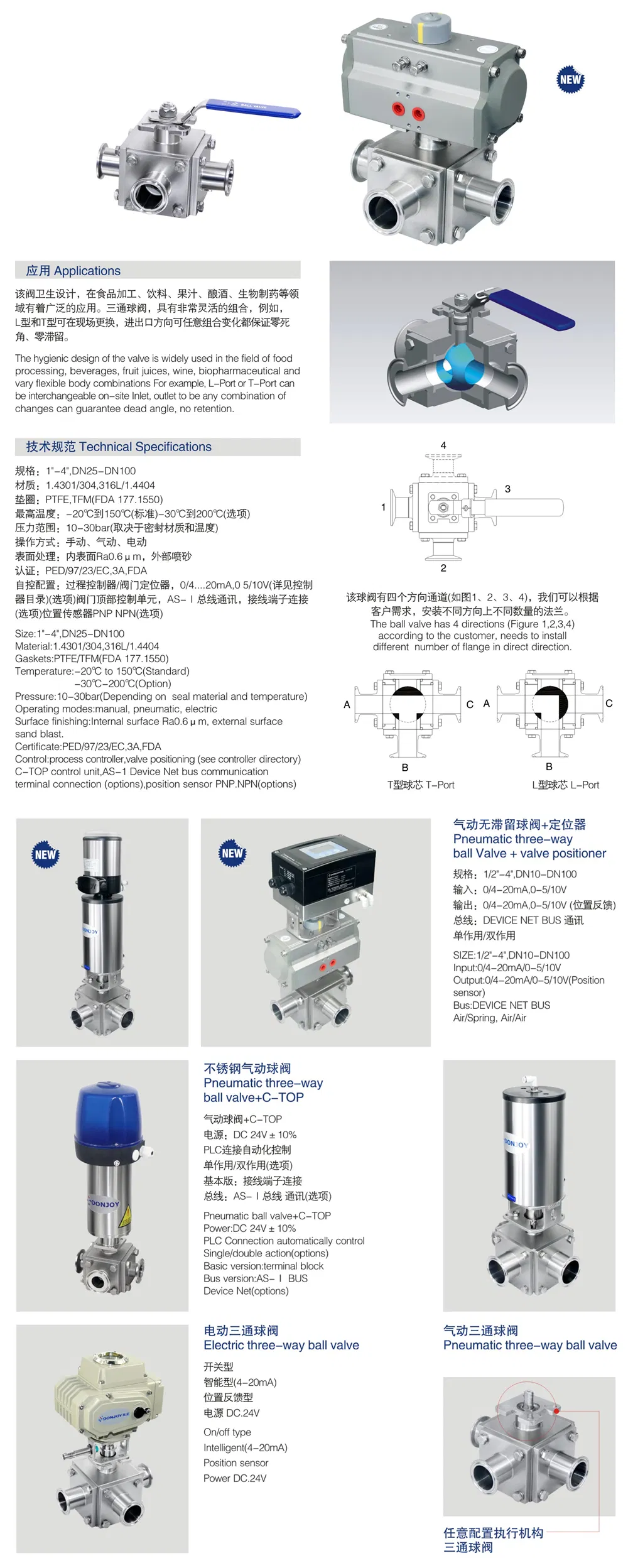 Sanitary Stainless Steel 316L Three Way Ball Valve with Positioner 1891