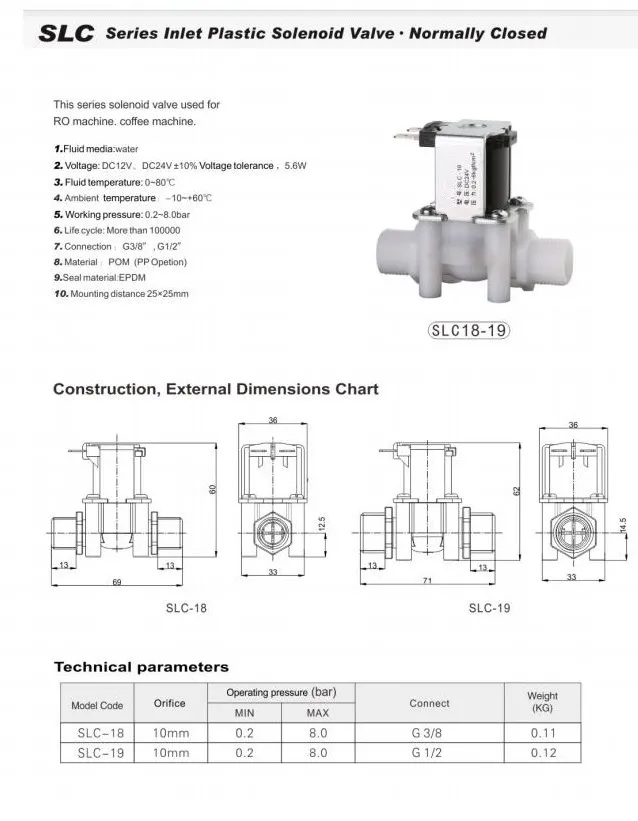 SLC Series Inlet Plastic Solenoid Valve Normally Closed