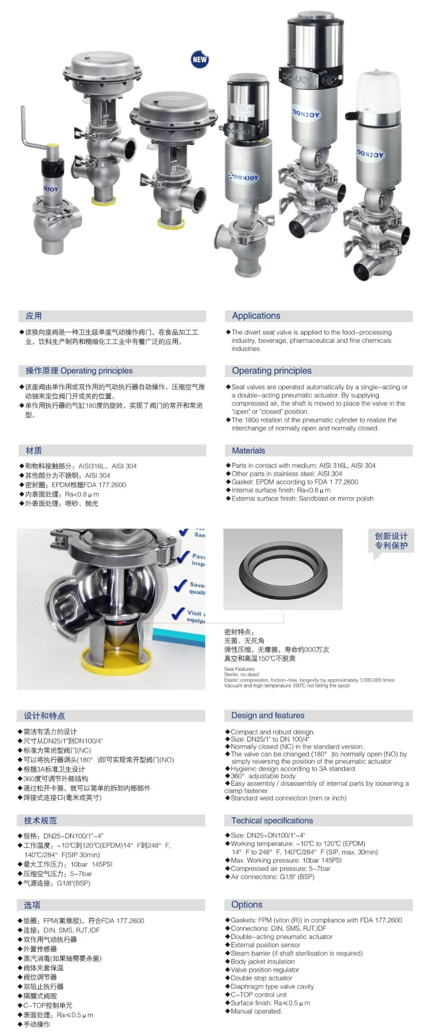 Stainless Steel Divert Seat Valve Clamped with C-Top 1721