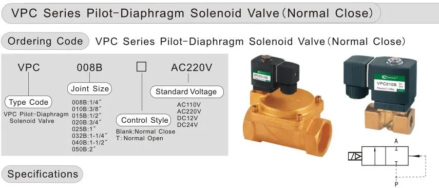 Vpc 2/2 Way Pilot Diaphragm Brass Normal Close Solenoid Valve